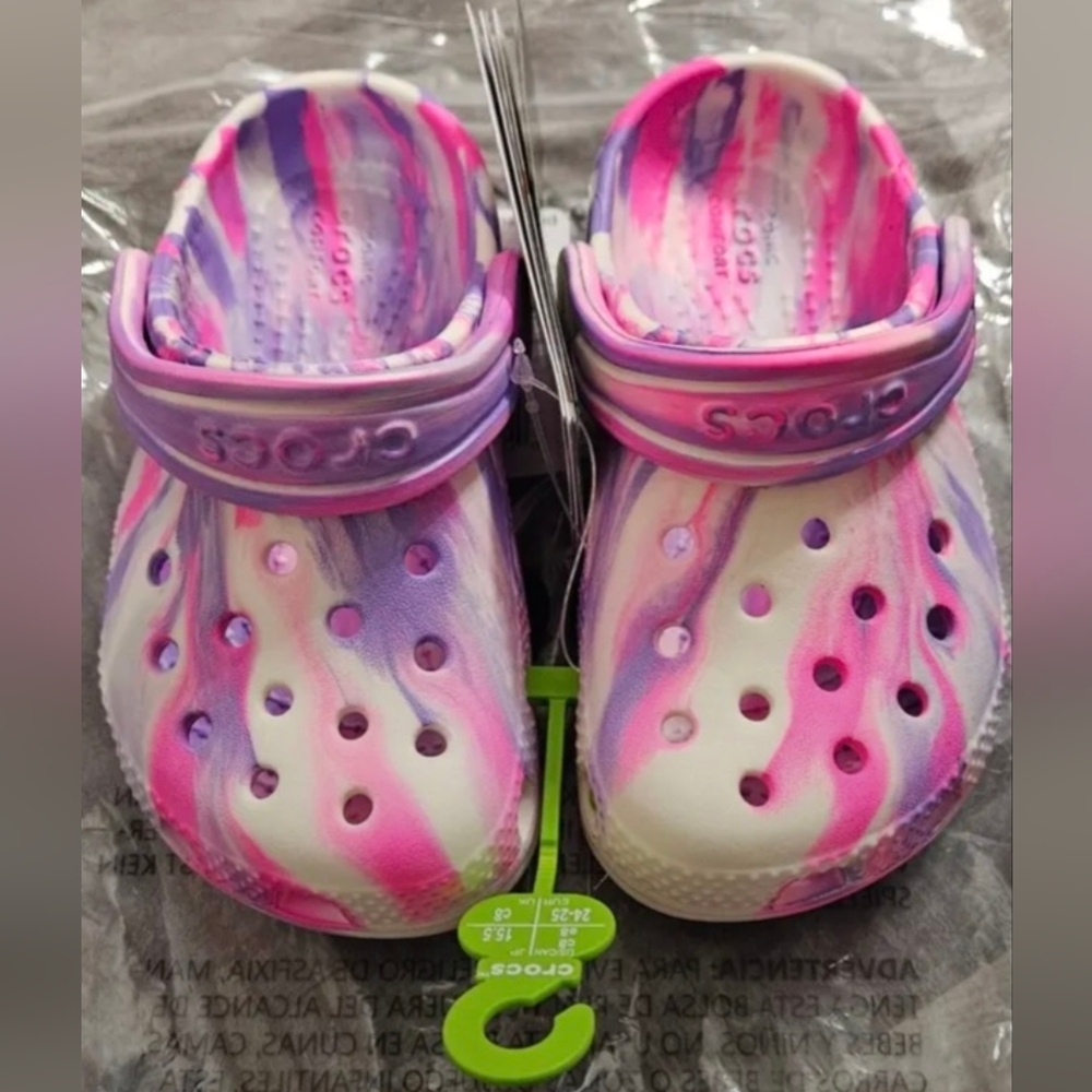 CROCS Kids' Swirl Pink and Purple Clogs Glow In The Dark C8 BNWT